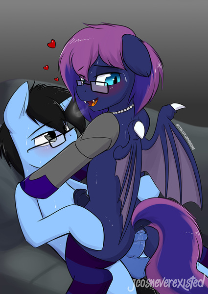 Size: 905x1279 | Tagged: explicit, alternate version, artist:jcosneverexisted, derpibooru import, oc, oc:bitmaker, oc:tinker doo, unofficial characters only, bat pony, pony, unicorn, anal, anus, balls, breath, clothes, cowgirl position, dark genitals, dock, erection, gay, glasses, glazed dick, horsecock, male, males only, nudity, penetration, penis, ponut, sex, slit eyes, socks, stockings, striped socks, thigh highs