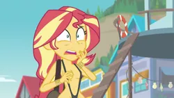 Size: 1920x1080 | Tagged: suggestive, artist:fishsandwich, derpibooru import, edit, edited screencap, screencap, sunset shimmer, equestria girls, equestria girls series, forgotten friendship, bikini, breasts, clothes, female, partial nudity, sling bikini, solo, solo female, swimsuit, swimsuit edit