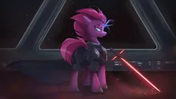 Size: 8128x4572 | Tagged: safe, artist:ardail, derpibooru import, tempest shadow, pony, unicorn, my little pony: the movie, absurd resolution, armor, broken horn, crossguard lightsaber, crossover, dock, eye scar, female, horn, lightsaber, looking at you, looking back, looking back at you, magic, mare, scar, sparking horn, star wars, weapon
