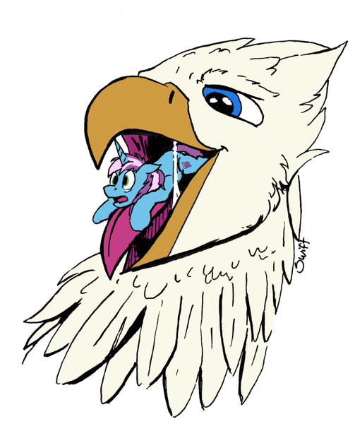 Size: 4820x5748 | Tagged: questionable, artist:gyrotech, artist:swiftsketchpone, color edit, deleted from derpibooru, derpibooru import, edit, oc, oc:der, oc:gyro tech, unofficial characters only, gryphon, unicorn, absurd resolution, beak, colored, drool, fetish, micro, tongue out, vore