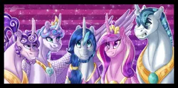 Size: 1548x768 | Tagged: safe, artist:bijutsuyoukai, derpibooru import, princess cadance, princess flurry heart, shining armor, oc, oc:pupa, oc:shimmering aegis, changepony, hybrid, unicorn, female, interspecies offspring, jewelry, male, necklace, offspring, older, parent:princess cadance, parent:queen chrysalis, parent:shining armor, parents:shining chrysalis, parents:shiningcadance, shiningcadance, shipping, stallion, straight