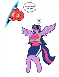 Size: 2085x2710 | Tagged: alicorn, anthro, artist:franschesco, breasts, busty twilight sparkle, clothes, confused, crossed arms, crossover, derpibooru import, exclamation point, female, interrobang, mare, meme, portal, question mark, safe, shirt, skirt, sonic the hedgehog (series), twilight sparkle, twilight sparkle (alicorn), ugandan knuckles, unguligrade anthro
