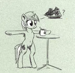 Size: 1120x1091 | Tagged: safe, artist:el-yeguero, derpibooru import, lyra heartstrings, pony, unicorn, armpits, bipedal, cup, female, food, mare, monochrome, pun, ship, simple background, sketch, solo, t pose, tea, visual pun