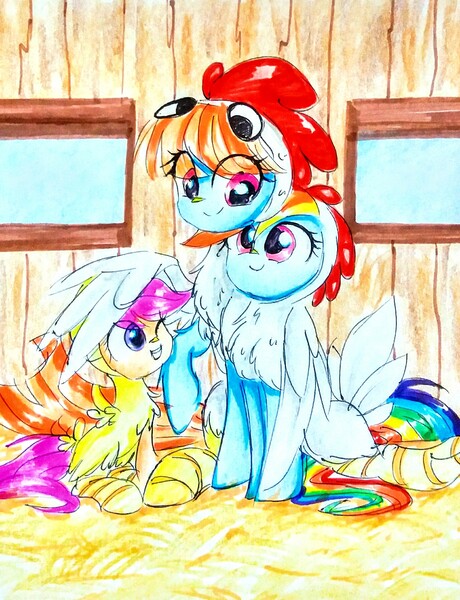 Size: 1742x2273 | Tagged: safe, artist:liaaqila, derpibooru import, rainbow dash, scootaloo, windy whistles, pegasus, pony, animal costume, chest fluff, chick, chicken coop, chicken suit, clothes, costume, cute, cutealoo, daaaaaaaaaaaw, dashabetes, eye contact, family, female, filly, googly eyes, happy, hay, henbow dash, hug, leg fluff, liaaqila is trying to murder us, looking at each other, mare, one eye closed, open mouth, raised hoof, scootachicken, scootalove, silly, sitting, smiling, windybetes, winghug, wink