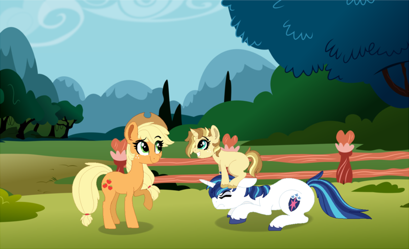 Size: 1412x860 | Tagged: safe, artist:saphi-boo, derpibooru import, applejack, shining armor, oc, pony, unicorn, female, filly, male, offspring, parent:applejack, parent:shining armor, parents:shiningjack, shiningjack, shipping, straight