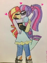 Size: 1024x1365 | Tagged: safe, artist:sugarkittycat04, derpibooru import, sci-twi, sunset shimmer, twilight sparkle, equestria girls, boots, clothes, eyes closed, female, glasses, heart, high heel boots, hug, jacket, kissing, leather jacket, lesbian, mary janes, ponytail, scitwishimmer, shipping, shoes, simple background, sunsetsparkle, traditional art