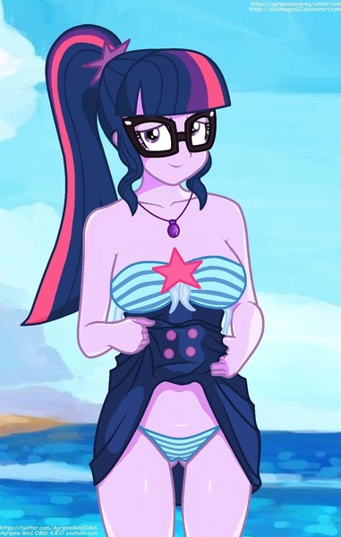 Size: 1172x1848 | Tagged: questionable, artist:aboimages03, derpibooru import, sci-twi, twilight sparkle, equestria girls, equestria girls series, forgotten friendship, adorasexy, beach, breasts, busty sci-twi, cameltoe, clothes, cute, female, geode of telekinesis, glasses, image, jpeg, ocean, panties, ponytail, sand, sexy, skirt, skirt lift, solo, solo female, striped underwear, swimsuit, underass, underwear, upskirt