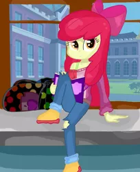 Size: 1199x1472 | Tagged: artist needed, source needed, safe, derpibooru import, apple bloom, equestria girls, bag, book, boots, canterlot high, shoes, sitting, solo