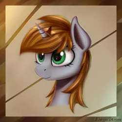 Size: 2200x2200 | Tagged: safe, artist:adagiostring, derpibooru import, oc, oc:littlepip, unofficial characters only, pony, unicorn, fallout equestria, fanfic, abstract background, bust, fanfic art, female, horn, mare, portrait, smiling, solo