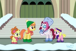 Size: 4035x2721 | Tagged: safe, artist:ironm17, derpibooru import, cayenne, citrus blush, indian summer, raspberry cream, pony, unicorn, background pony, beanie, boots, clothes, earmuffs, hat, headband, manehattan, maneway station, scarf, shoes, snow, stairs, winter, winter outfit