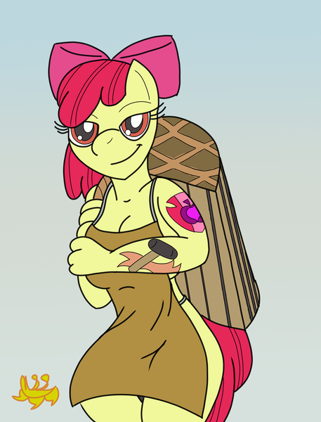 Size: 2496x3280 | Tagged: anthro, apple bloom, apron, artist:missmagnificence, breasts, busty apple bloom, clothes, colored, cutie mark, derpibooru import, female, lobster trap, looking at you, older, older apple bloom, solo, solo female, stupid sexy apple bloom, suggestive, tattoo