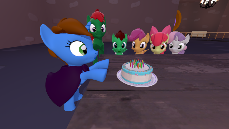 Size: 1920x1080 | Tagged: 3d, apple bloom, artist:mrdoctorderpy, birthday, birthday cake, cake, colt, cutie mark crusaders, derpibooru import, diaper, diaper fetish, fetish, food, male, oc, oc:mindset, oc:northern haste, oc:tinker, questionable, scootaloo, source filmmaker, sweetie belle