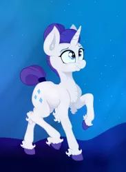 Size: 2626x3593 | Tagged: safe, artist:paskanaakka, derpibooru import, rarity, pony, unicorn, alternate timeline, chest fluff, colored hooves, ear fluff, eyeshadow, female, hair bun, leg fluff, makeup, mare, night, night maid rarity, nightmare takeover timeline, raised hoof, smiling, solo, stars, tail bun, tail wrap, unshorn fetlocks