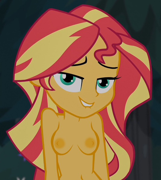 Size: 930x1041 | Tagged: questionable, artist:fishsandwich, derpibooru import, edit, edited screencap, screencap, sunset shimmer, equestria girls, legend of everfree, areola, bedroom eyes, belly button, breast edit, breasts, complete nudity, female, insanity, lip bite, looking at you, nipples, nude edit, nudity, outdoors, practitioner of naturism, solo, solo female, topless