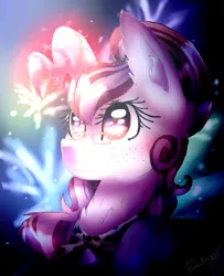 Size: 1404x1732 | Tagged: safe, artist:6-fingers-lover, derpibooru import, oc, oc:ginger hoof, unofficial characters only, pony, unicorn, augmented horn, bust, female, fireworks, mare, portrait, solo