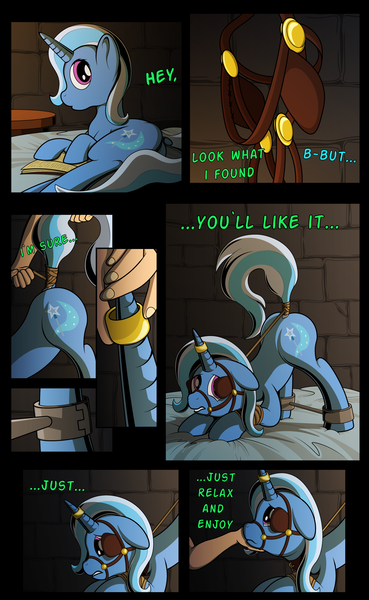 Size: 1600x2600 | Tagged: questionable, artist:diggerstrike, derpibooru import, trixie, human, pony, bed, blinders, bondage, book, bridle, collar, comic, dock, explicit source, face down ass up, female, femsub, floppy ears, hand on chin, hobbled, horn ring, human on pony action, interspecies, lifting chin, magic suppression, offscreen character, spreader bar, submissive, tack, tail holder, tail wrap, the weak and powerless trixie, touching face