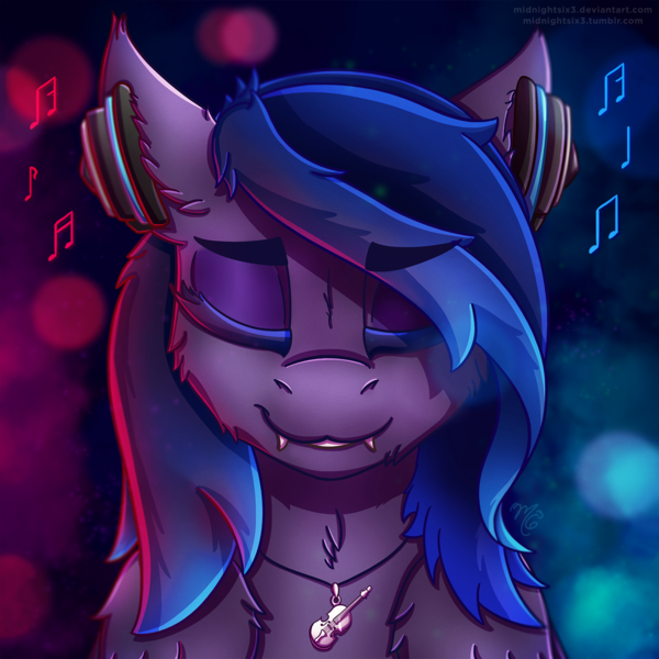 Size: 1500x1500 | Tagged: safe, artist:midnightsix3, derpibooru import, oc, oc:nyreen eventide, unofficial characters only, bat pony, pony, bat pony oc, eyes closed, headphones, listening, music, music notes, necklace, signature, solo, violin