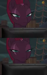 Size: 567x900 | Tagged: safe, derpibooru import, edit, edited screencap, screencap, tempest shadow, pony, unicorn, my little pony: the movie, 4chan, cropped, disappointed, disapproval, exploitable meme, female, lg, looking at you, mare, meme, monitor, reaction image, solo