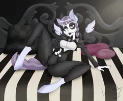 Size: 2013x1652 | Tagged: suggestive, artist:lil miss jay, derpibooru import, inky rose, anthro, unguligrade anthro, bed, breasts, busty inky rose, clothes, costume, crossover, female, floating wings, jack skellington, looking at you, open mouth, solo, solo female, spread legs, spreading, the nightmare before christmas