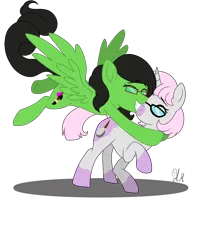 Size: 4000x5000 | Tagged: safe, artist:chelseawest, derpibooru import, oc, oc:night brush, oc:painted petal, unofficial characters only, pegasus, pony, unicorn, absurd resolution, female, glasses, hug, mare, simple background, transparent background