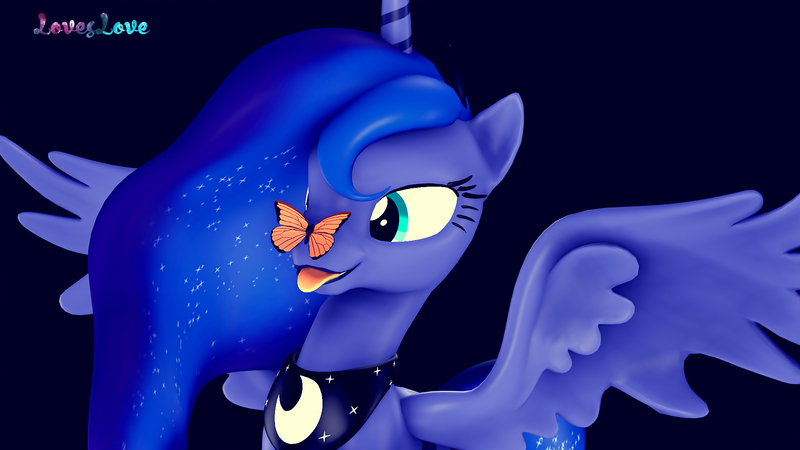 Size: 1920x1080 | Tagged: safe, artist:loveslove, derpibooru import, princess luna, alicorn, butterfly, pony, 3d, :p, cute, insect on nose, lunabetes, silly, silly pony, source filmmaker, spread wings, tongue out, wings