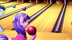 Size: 3840x2160 | Tagged: safe, artist:rubywave32, derpibooru import, sea swirl, seafoam, pegasus, pony, unicorn, angry, bowling alley, bowling ball, bowling pin, clothes, commission, dexterous hooves, female, glare, hoof hold, male, mare, open mouth, shirt, smiling, stallion, tongue out, underhoof, yelling