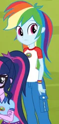 Size: 366x768 | Tagged: safe, derpibooru import, screencap, rainbow dash, sci-twi, twilight sparkle, equestria girls, legend of everfree, camp everfree outfits, clothes, cropped, crossed arms, cute, dashabetes, glasses, hips, pants, shorts, wristband