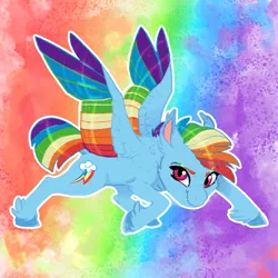 Size: 4800x4800 | Tagged: safe, artist:earthsong9405, deleted from derpibooru, derpibooru import, rainbow dash, pony, absurd resolution, colored wings, colored wingtips, crouching, multicolored wings, rainbow background, rainbow wings, smiling, solo, unshorn fetlocks