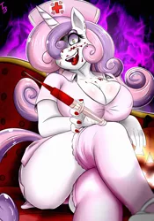 Size: 2300x3285 | Tagged: semi-grimdark, suggestive, artist:tallyburd, derpibooru import, sweetie belle, anthro, unicorn, art pack:all nightmare long, big breasts, blood, breasts, busty sweetie belle, clothes, crossed legs, erect nipples, fangs, female, hair over one eye, huge breasts, looking at you, nipple outline, nurse, older, older sweetie belle, solo, solo female, syringe