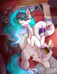 Size: 3100x4000 | Tagged: suggestive, artist:passigcamel, derpibooru import, princess celestia, twilight sparkle, alicorn, pony, bed, bedroom eyes, best princess, body pillow, book, cake, cherry, dessert, featureless crotch, female, food, implied lesbian, implied shipping, implied twilestia, mare, on back, on bed, overhead view, pillow, plate, scroll, she knows, sleep mask