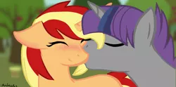 Size: 1280x636 | Tagged: safe, artist:ipandacakes, derpibooru import, oc, oc:apple spritz, oc:crescendo, unofficial characters only, pony, unicorn, blushing, female, kissing, male, mare, next generation, oc x oc, offspring, offspring shipping, parent:applejack, parent:flim, parent:shadow lock, parent:twilight sparkle, parents:flimjack, parents:twilock, shipping, stallion, straight