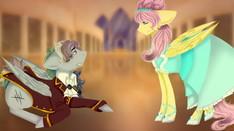 Size: 1600x900 | Tagged: safe, artist:nekoolevi, derpibooru import, fluttershy, rainbow dash, pegasus, pony, the count of monte rainbow, clothes, crossover, edmond dantes, mercedes, musical, rainbow blitz, rainbow dantes, rule 63, shycedes, the count of monte cristo