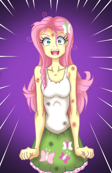 Size: 1904x2928 | Tagged: safe, artist:grandzebulon, derpibooru import, fluttershy, equestria girls, the best night ever, bruised, clothes, equestria girls interpretation, female, looking at you, messy hair, open mouth, scene interpretation, screaming, skirt, tanktop, you're going to love me