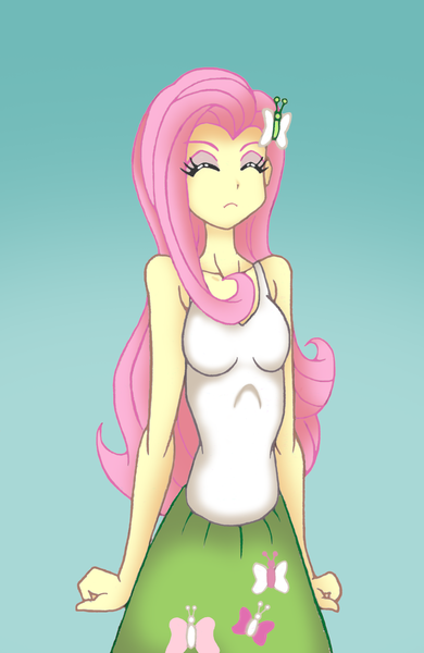 Size: 1904x2928 | Tagged: safe, artist:grandzebulon, derpibooru import, fluttershy, equestria girls, keep calm and flutter on, clothes, equestria girls interpretation, eyes closed, frown, scene interpretation, simple background, skirt, solo, tanktop