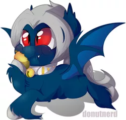 Size: 914x874 | Tagged: safe, artist:donutnerd, derpibooru import, oc, unofficial characters only, bat pony, pony, bell, collar, drool, eat, eating, fangs, food, juicy, mango, mangoes, solo, spread wings, wings