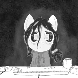 Size: 1000x995 | Tagged: safe, artist:happy harvey, derpibooru import, oc, oc:floor bored, unofficial characters only, pony, bags under eyes, black and white, bored, chips, clothes, coffee, computer mouse, dirty, drawn on phone, food, grayscale, hoodie, keyboard, mess, monochrome, mug, neet, reflection, tired