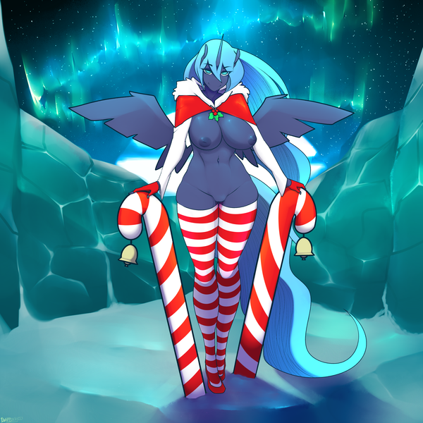 Size: 3000x3000 | Tagged: anthro, artist:da3rd, aurora borealis, belly button, breasts, busty princess luna, candy, candy cane, clothes, derpibooru import, explicit, female, food, inverted nipples, looking at you, nipples, nudity, pinup, princess luna, socks, solo, solo female, spread wings, stockings, striped socks, striped stockings, thigh highs, vulva, wings