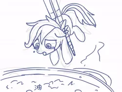 Size: 600x450 | Tagged: semi-grimdark, artist:yosixi, derpibooru import, scootaloo, pony, abuse, basashi, boiling, chopsticks, crying, food, japanese, meat, monochrome, oil, pony as food, scootabuse, scootachicken, solo, teary eyes