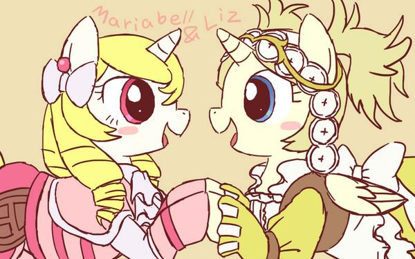 Size: 600x375 | Tagged: safe, artist:yosixi, derpibooru import, ponified, alicorn, pony, unicorn, blushing, bow, clothes, crossover, dress, female, fire emblem, lesbian, lissa, maribelle, ponytail, shipping, tail bow