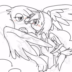 Size: 600x600 | Tagged: safe, artist:yosixi, derpibooru import, gilda, rainbow dash, gryphon, blushing, cloud, duo, female, gildash, interspecies, lesbian, monochrome, shipping, sweat