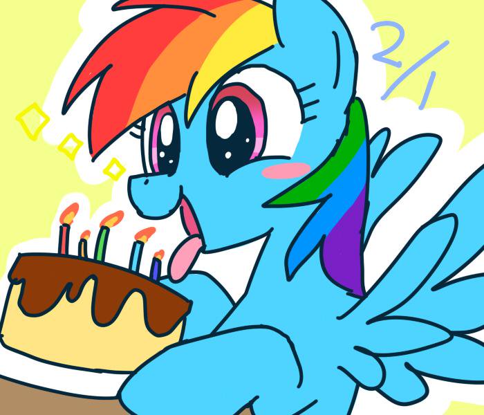 Size: 700x600 | Tagged: safe, artist:yosixi, derpibooru import, rainbow dash, pony, birthday, blushing, cake, candle, food, solo, tongue out