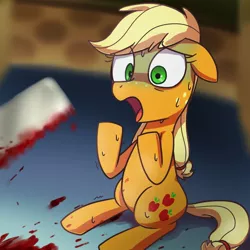 Size: 800x800 | Tagged: semi-grimdark, artist:yosixi, derpibooru import, applejack, earth pony, pony, where the apple lies, bad end, blood, female, implied big macintosh, implied death, mare, saw, solo