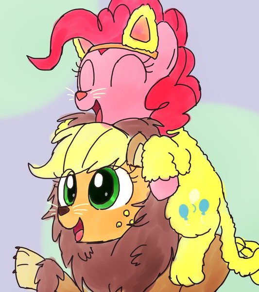 Size: 800x900 | Tagged: safe, artist:yosixi, derpibooru import, applejack, pinkie pie, pony, scare master, animal costume, applelion, cat ears, clothes, costume, duo