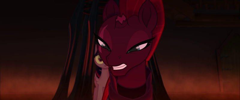 Size: 1920x804 | Tagged: alicorn, angry, broken horn, cage, derpibooru import, eye scar, gritted teeth, hatred, my little pony: the movie, open up your eyes, safe, scar, screencap, singing, tempest shadow, twilight sparkle, twilight sparkle (alicorn)