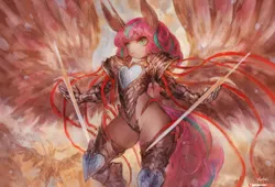 Size: 1300x884 | Tagged: suggestive, artist:girlsay, derpibooru import, princess flurry heart, alicorn, anthro, armor, female, large wings, mare, older, older flurry heart, patreon, patreon logo, solo, solo female, spread wings, sword, unconvincing armor, weapon, wings