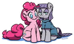 Size: 1000x600 | Tagged: safe, artist:foudubulbe, derpibooru import, maud pie, pinkie pie, earth pony, pony, duo, female, mare, pie sisters, siblings, simple background, sisters, sitting, transparent background