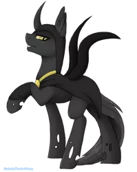 Size: 638x800 | Tagged: artist:melodytheartpony, changeling, changeling oc, cloak, clothes, commission, derpibooru import, male, oc, oc:flavis, raised hoof, safe, simple background, solo, transparent background, unofficial characters only, yellow changeling