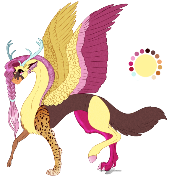 Size: 1003x1053 | Tagged: safe, artist:bijutsuyoukai, derpibooru import, oc, oc:cygnet, unofficial characters only, draconequus, hybrid, antlers, draconequus oc, interspecies offspring, offspring, parent:discord, parent:fluttershy, parents:discoshy, simple background, solo, transparent background