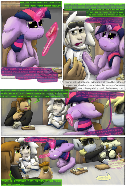 Size: 2160x3168 | Tagged: artist:firefanatic, bon bon, chest fluff, comic, comic:agents of hoo-men, cyborg, derpibooru import, derpy hooves, dialogue, fluffy, food, human, messy mane, muffin, safe, sweetie drops, twilight sparkle, what is hoo-man