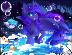 Size: 1024x784 | Tagged: safe, artist:teranen, derpibooru import, princess celestia, princess luna, alicorn, pony, annoyed, bubble, color porn, colored pupils, cute, eyestrain warning, female, horn, lunabetes, mare, night, royal sisters, rubber duck, siblings, silly, silly pony, sisters, smiling, soap bubble, spread wings, tree, water, wings